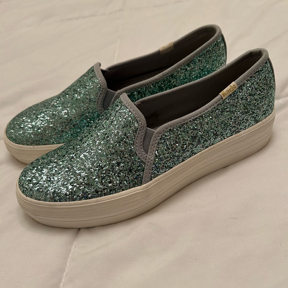 Kate Spade for Keds Glitter one inch sole bright blue dreamy shoe.